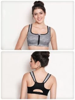 Shyle Grey Melange With Black Locking Front Zipper Racerback Sports Bra