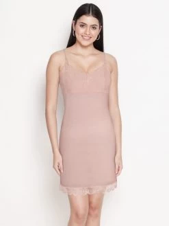 Shyle Peach Front Lace Soft Modal Long Chemise