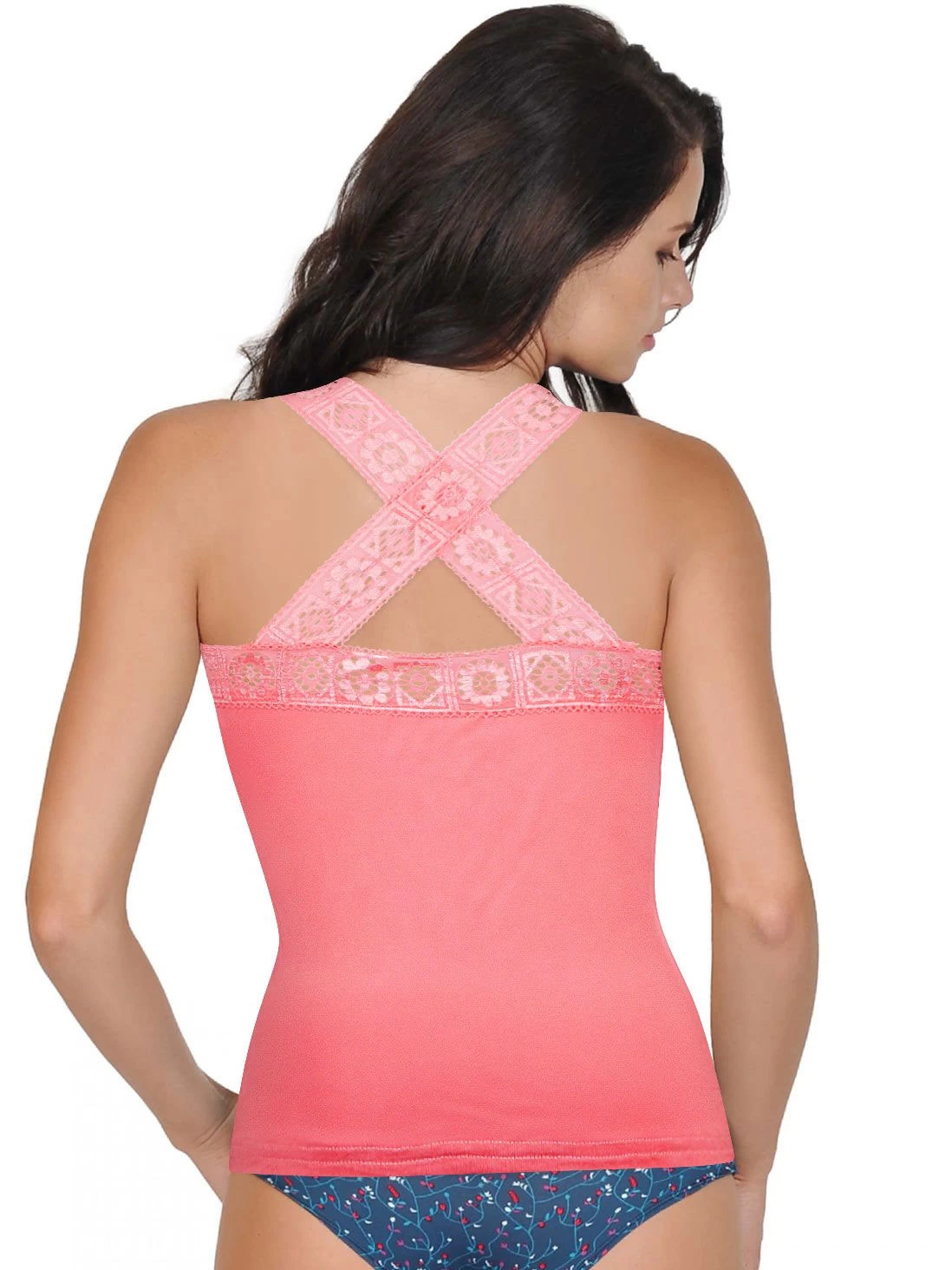 Shyle Coral Padded Camisole With Lace Criss Cross Back 4 Shyle Coral Padded Camisole With Lace Criss Cross Back - Image 2
