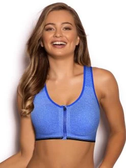 Shyle Blue Melange Padded RacerBack Zipper Sports Bra