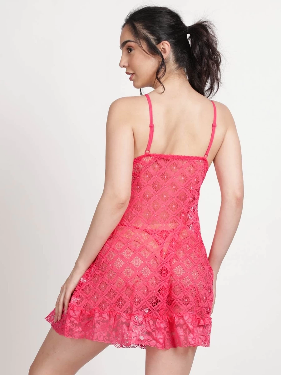 Shyle Coral Pink Lace Satin Bow Detailing Babydoll 6 Shyle Coral Pink Lace Satin Bow Detailing Babydoll - Image 4