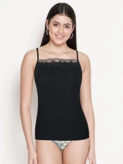Shyle Black Floral Neck Ribbed Camisole