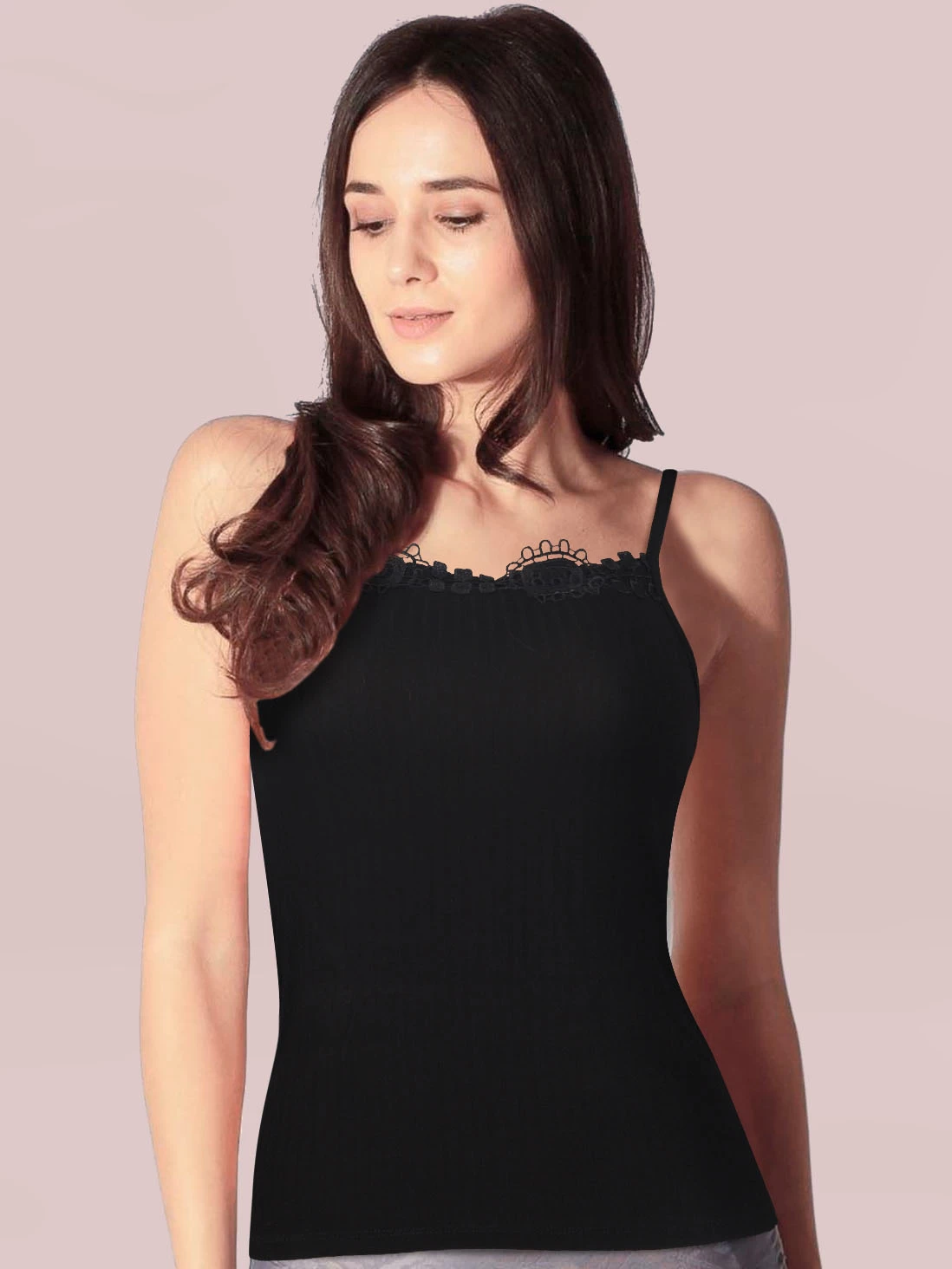 Shyle Black Front Lace Trim Basic Ribbed Camisole 3 Shyle Black Front Lace Trim Basic Ribbed Camisole