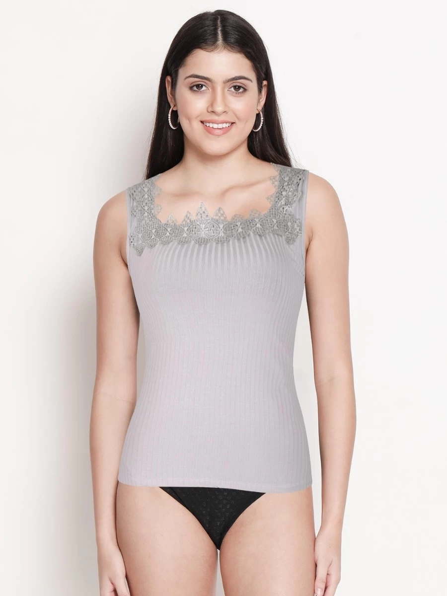 Shyle Grey Square Lace Neck Ribbed Camisole 3 Shyle Grey Square Lace Neck Ribbed Camisole