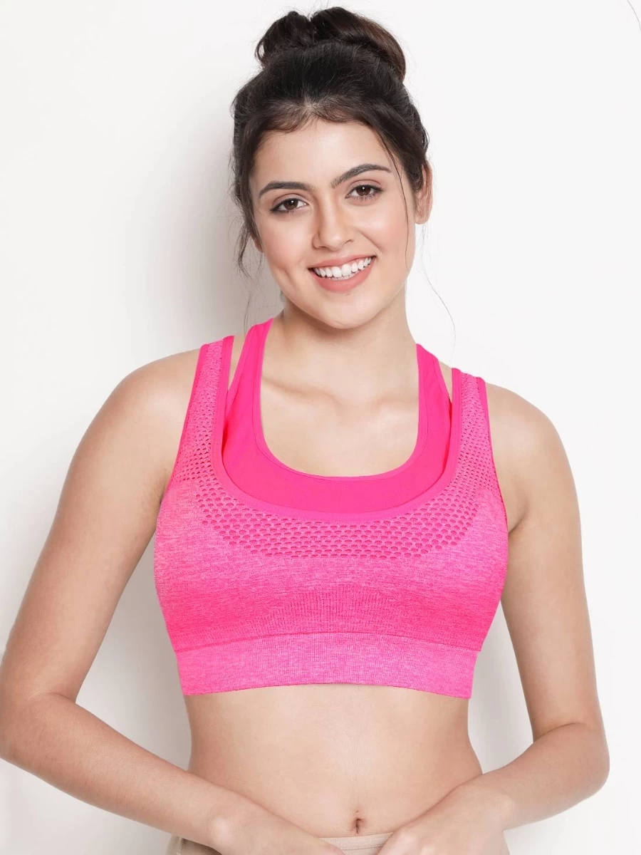 Shyle Fluorescent Pink Melange Pull Over Racer Back Sports Bra 4 Shyle Fluorescent Pink Melange Pull Over Racer Back Sports Bra - Image 2