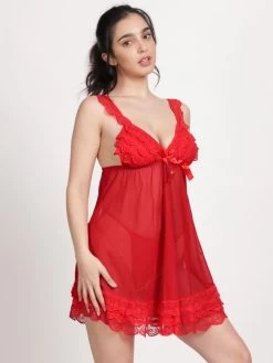 Shyle Fiery Red Lace Satin Bow Detailing Babydoll 8 Shyle Fiery Red Lace Satin Bow Detailing Babydoll -Shyaway 9413 fieryred side