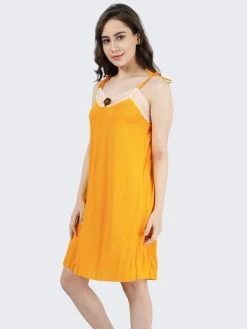 Susie Lemon Yellow Lace Neckline Ribbed Chemise -Shyaway cjn20006 lemonyellow side