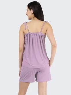 Susie Lavender Lace Neckline Ribbed Shorts Set -Shyaway cjn20007 lavender back