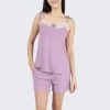 Susie Lavender Lace Neckline Ribbed Shorts Set -Shyaway cjn20007 lavender front