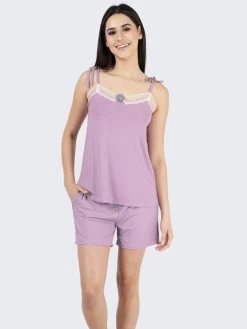Susie Lavender Lace Neckline Ribbed Shorts Set