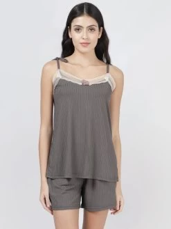 Susie Stormfront Grey Lace Neckline Ribbed Shorts Set
