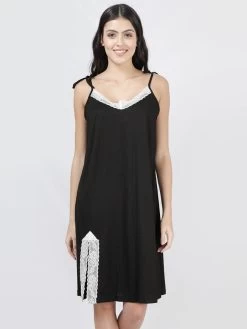 Susie Black Beauty Lace Front Slit Ribbed Chemise