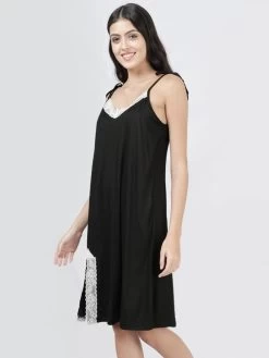 Susie Black Beauty Lace Front Slit Ribbed Chemise -Shyaway cjn20010 blackbeauty 02