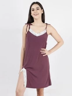 Susie Dark Purple Lace Front Slit Ribbed Chemise