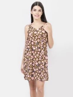 Susie Chocolate Fonda Floral Printed Tie Up Chemise