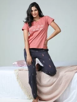 Shyaway Sugar Coral Pink Space Printed Pyjama Set