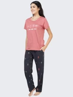 Shyaway Sugar Coral Pink Space Printed Pyjama Set -Shyaway dipj1004 sugarcoral side