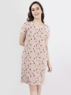 Shyaway Ballet Pink Tree Printed Casual Sleep Tee