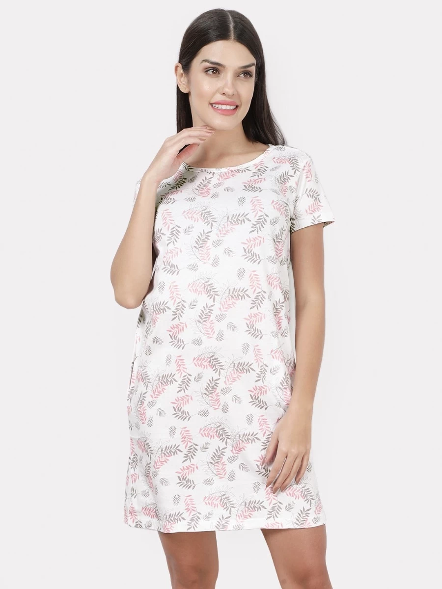 Shyaway White Pink Leaf Printed Casual Sleep Tee 3 Shyaway White Pink Leaf Printed Casual Sleep Tee