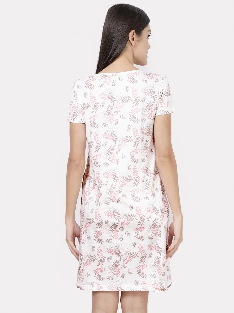 Shyaway White Pink Leaf Printed Casual Sleep Tee 6 Shyaway White Pink Leaf Printed Casual Sleep Tee - Image 4