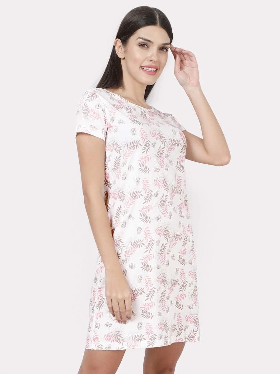 Shyaway White Pink Leaf Printed Casual Sleep Tee 5 Shyaway White Pink Leaf Printed Casual Sleep Tee - Image 3