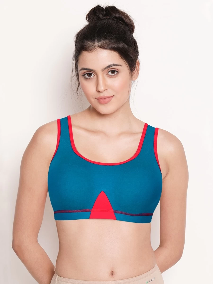 Susie Blue Contrast Neck Basic Cotton Moulded Sports Bra 3 Susie Blue Contrast Neck Basic Cotton Moulded Sports Bra
