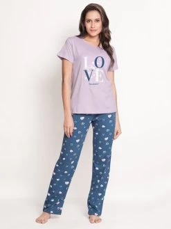 Shyaway Lavender Blue Heart Printed Pyjama Set