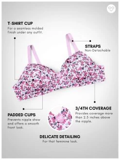 Taabu Candy Pink Floral Printed Padded Wirefree T Shirt Bra -Shyaway prtb001 candypink 05