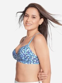 Taabu Ethereal Blue Geometric Print Padded Wirefree T Shirt Bra -Shyaway prtb013 etherealblue 02