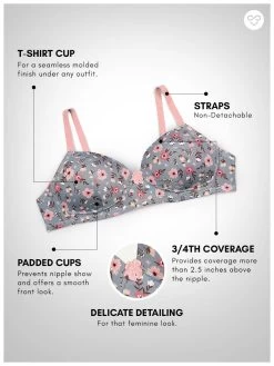 Taabu Monument Grey Floral Print Padded Wirefree T Shirt Bra -Shyaway prtb018 monumentgrey 05