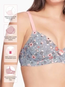 Taabu Monument Grey Floral Print Padded Wirefree T Shirt Bra -Shyaway prtb018 monumentgrey fea