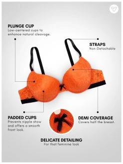 Susie Orange Lace Black Strap Padded Underwire Plunge Bra -Shyaway s002 orange 05