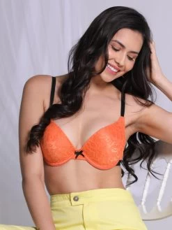 Susie Orange Lace Black Strap Padded Underwire Plunge Bra