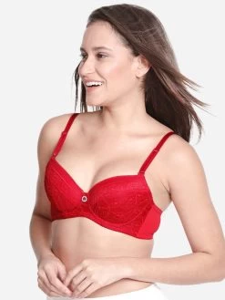 Susie Hot Red Padded Wired Demi Coverage Full Lace Bra -Shyaway s023 hotred 02