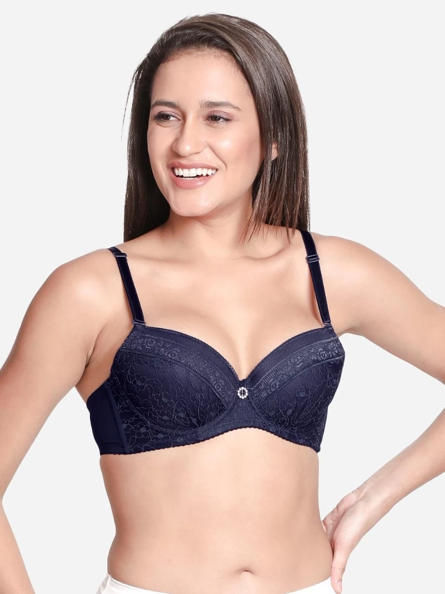 Susie Navy Blue Padded Wired Demi Coverage Full Lace Bra 3 Susie Navy Blue Padded Wired Demi Coverage Full Lace Bra