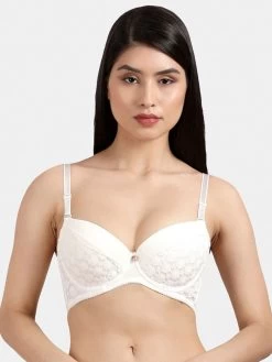 Susie White Lace Cut Work Padded Wired Bra