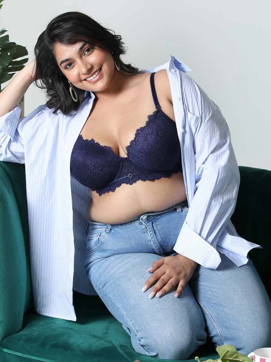 Susie Navy Blue Full Lace Padded Wired 3/4th Coverage Bra 3 Susie Navy Blue Full Lace Padded Wired 3/4th Coverage Bra