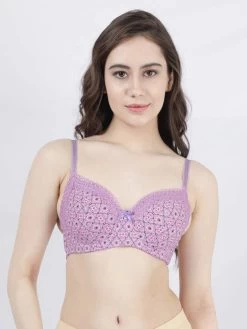 Susie Pastel Lilac Printed Lace Neckline Padded Wired Bra