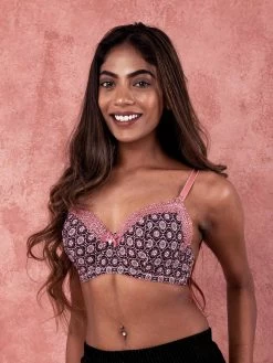 Susie Withered Rose Printed Lace Neckline Padded Wired Bra