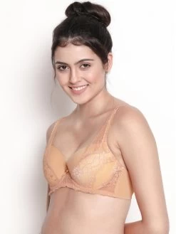 Susie Buff Skin Padded Wired Lace Strap Designer Plunge Bra -Shyaway s19032 buffskin 02
