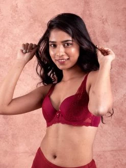 Susie Sangria Red Padded Wired Lace Strap Designer Plunge Bra
