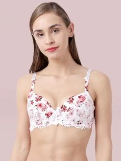 Susie White Pink Floral Print Front Lace Padded Wired Bra