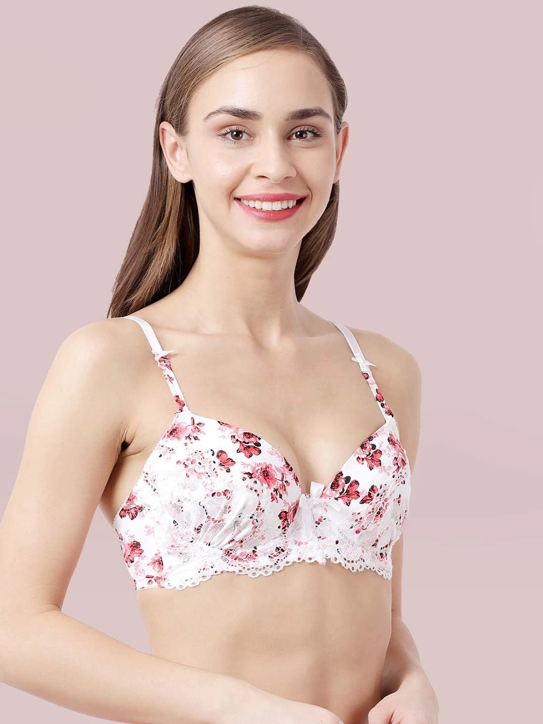 Susie White Pink Floral Print Front Lace Padded Wired Bra 5 Susie White Pink Floral Print Front Lace Padded Wired Bra - Image 3