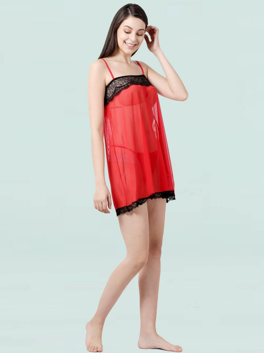 Shyle Red Black Mesh Babydoll With Mesh Decorated Neckline 7 Shyle Red Black Mesh Babydoll With Mesh Decorated Neckline - Image 5