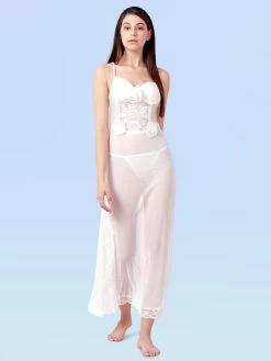 Shyle White Low Back Mesh Babydoll With Organza Rose Embellishment