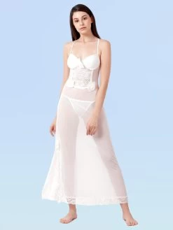 Shyle White Low Back Mesh Babydoll With Organza Rose Embellishment -Shyaway sb3073 white 5