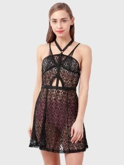 Shyle Black Halter Neck Lace Embellished Sexy Babydoll