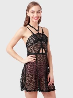 Shyle Black Halter Neck Lace Embellished Sexy Babydoll -Shyaway sb9417 black 2