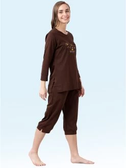 Shyaway Chocolate Brown 3/4 Sleeve Nightwear Capri Set -Shyaway shycp001 chocolatefonda b