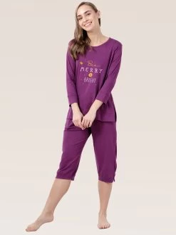 Shyaway Dark Purple 3/4 Sleeve Nightwear Capri Set